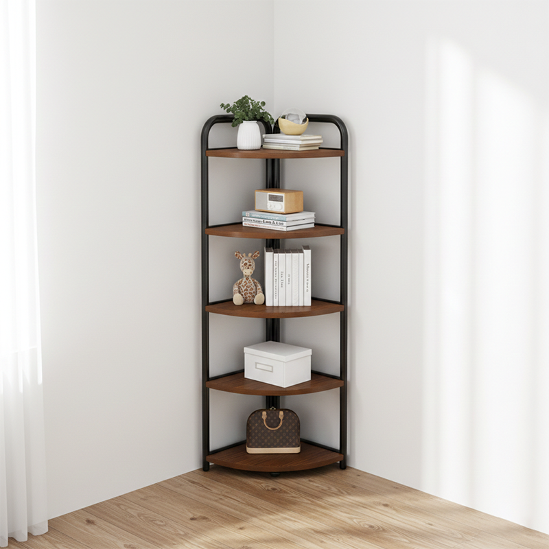 Modern Minimalist Fan-Shaped 5-Tier Corner Shelf Unit in MDF & Steel for Living Room
