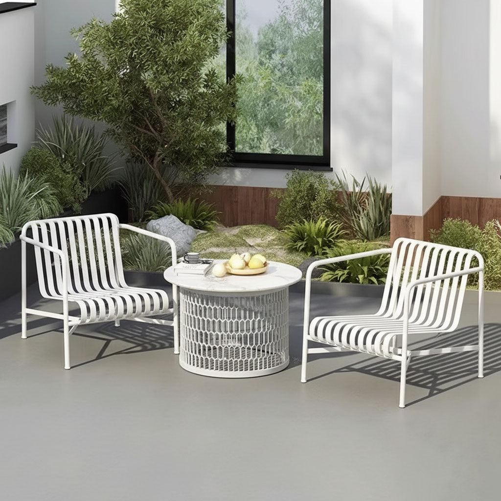 Waterproof Industrial Honeycomb Hollow Outdoor Coffee Table with 1-Tier Stoneware Top – Durable Patio & Garden Table
