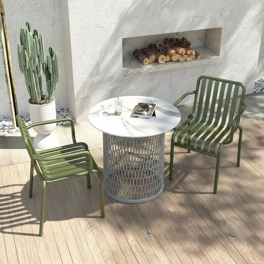 Waterproof Industrial Honeycomb Hollow Outdoor Coffee Table with 1-Tier Stoneware Top – Durable Patio & Garden Table