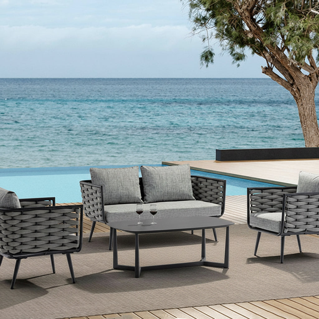 Premium Rust-Resistant Rectangular Outdoor Coffee Table with a 1-Tier Spacious Stoneware Top for Balcony & Garden