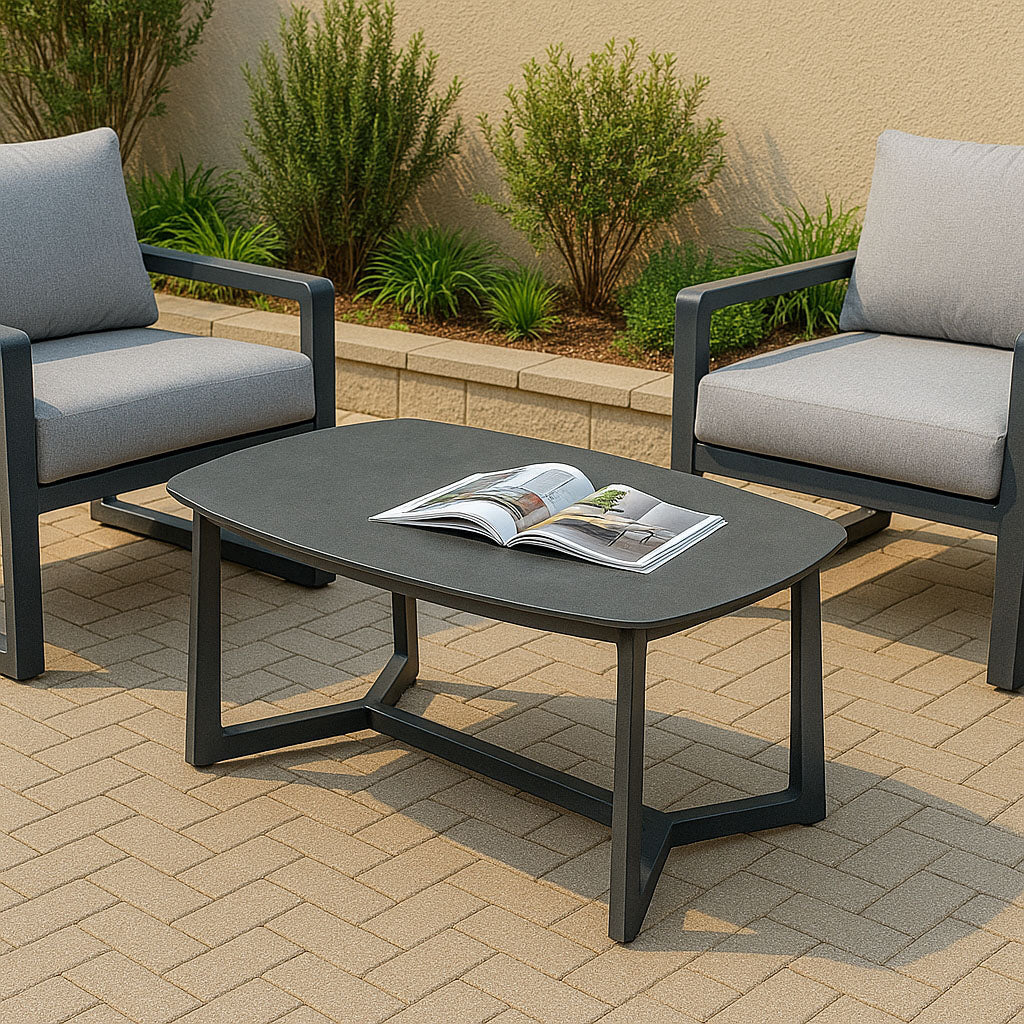 Premium Rust-Resistant Rectangular Outdoor Coffee Table with a 1-Tier Spacious Stoneware Top for Balcony & Garden