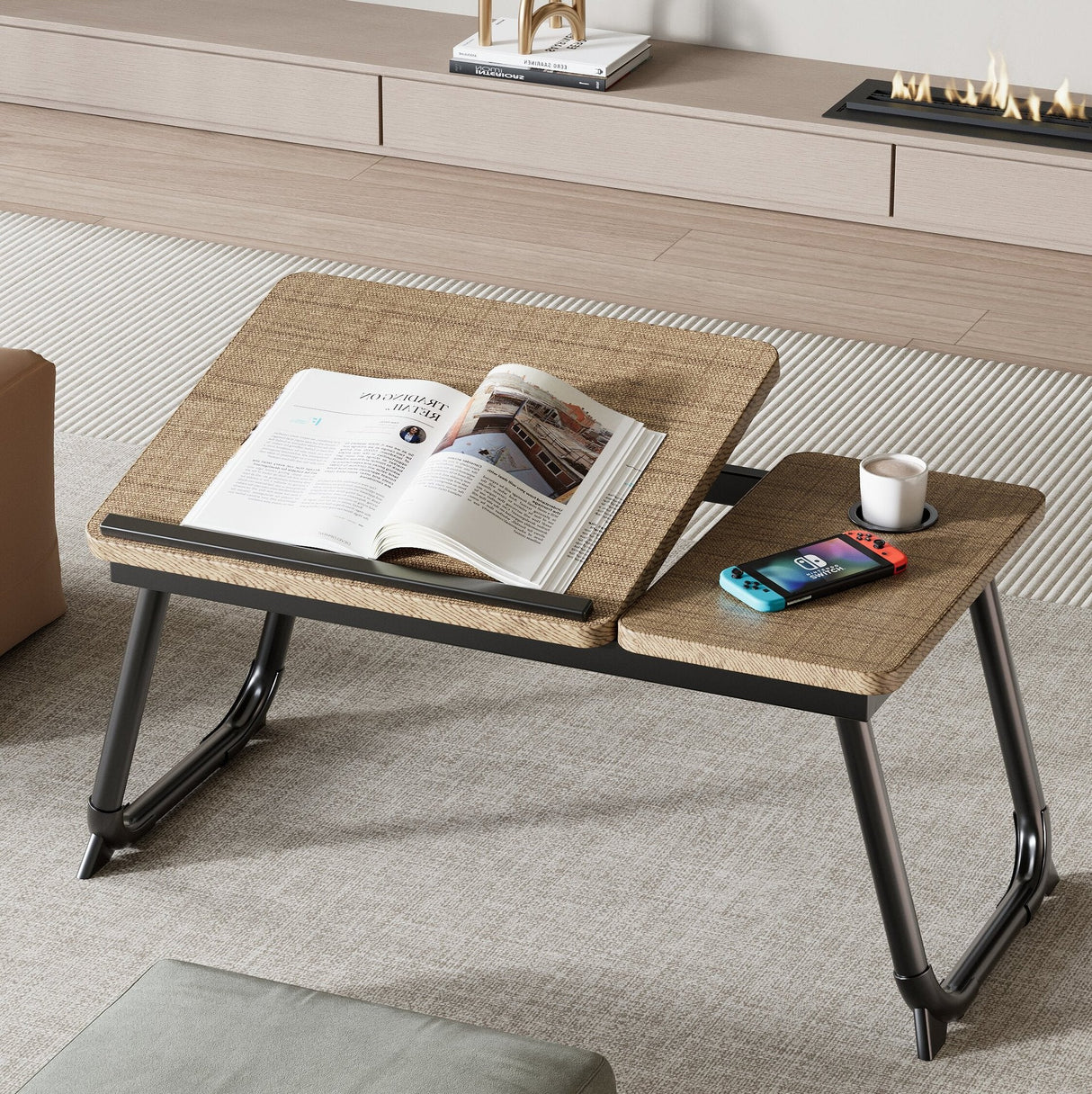 Nordic Contemporary Desk – Carbon Steel & MDF, Rectangular, Foldable, Angle-Adjustable, 2-Tray Saucer, Ideal for Study