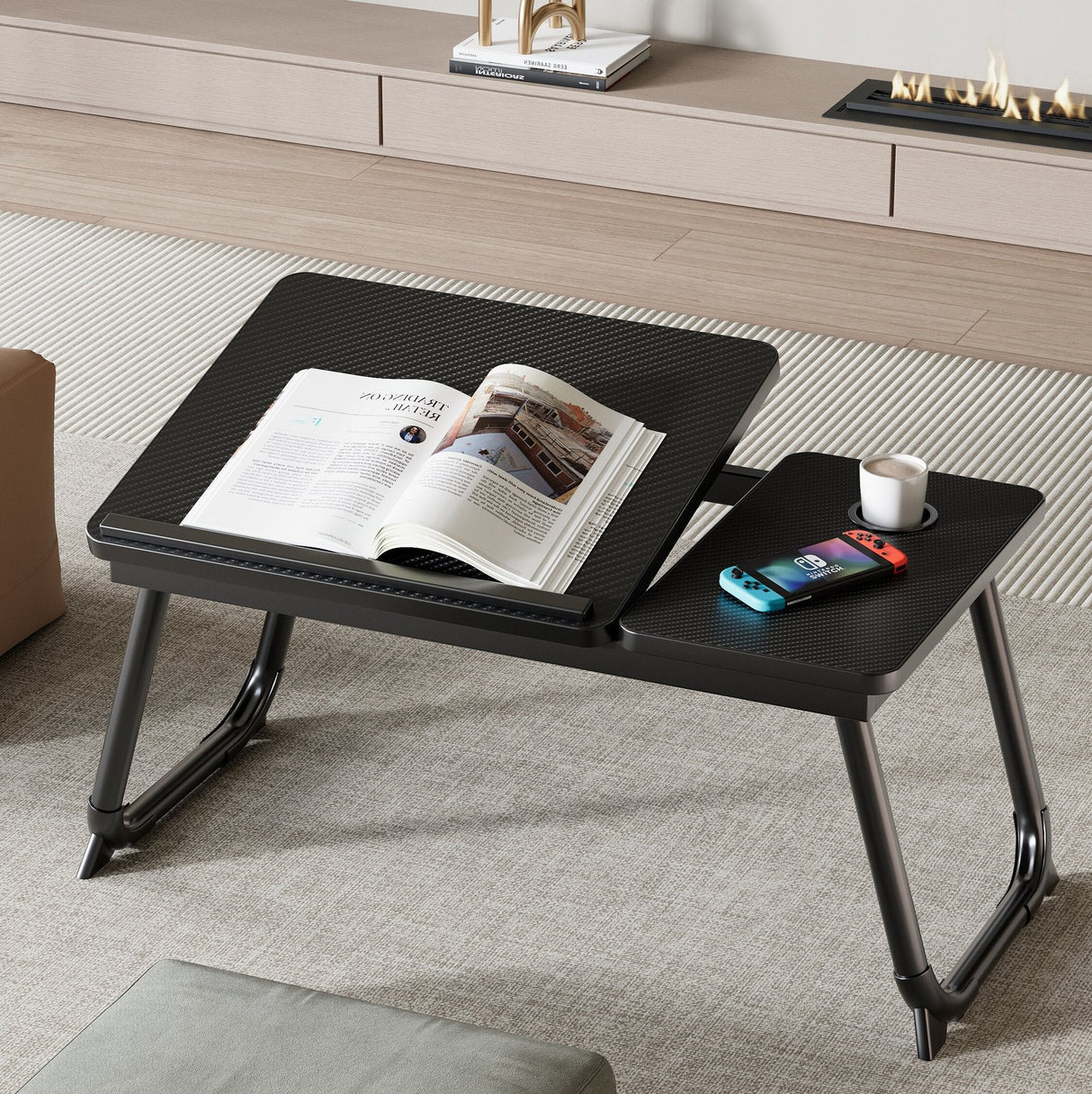 Nordic Contemporary Desk – Carbon Steel & MDF, Rectangular, Foldable, Angle-Adjustable, 2-Tray Saucer, Ideal for Study