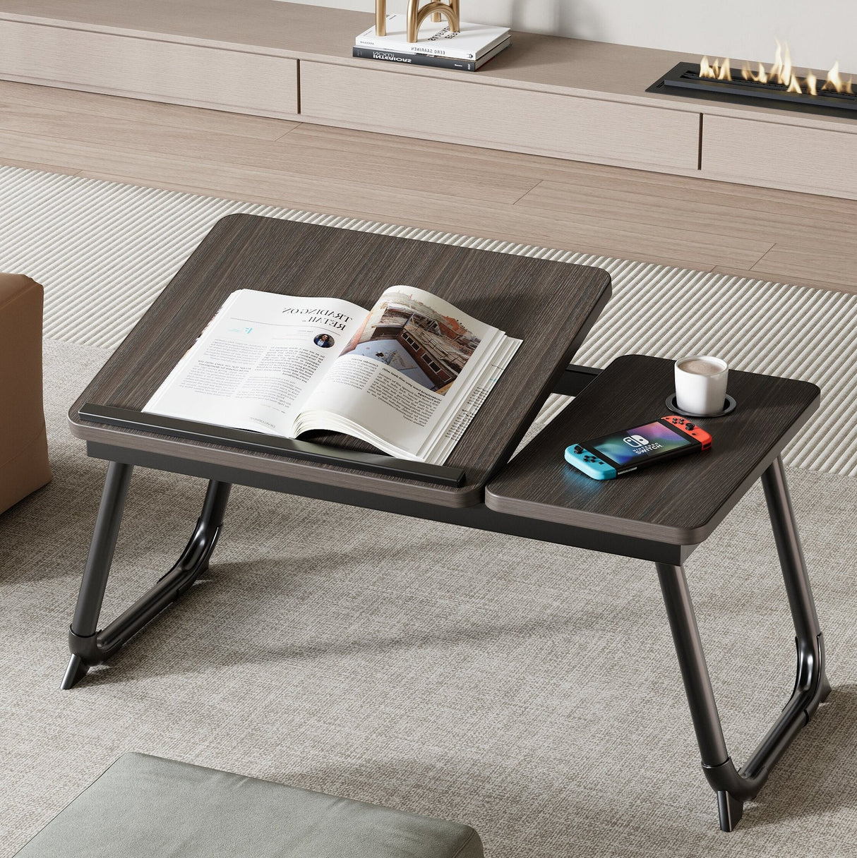 Nordic Contemporary Desk – Carbon Steel & MDF, Rectangular, Foldable, Angle-Adjustable, 2-Tray Saucer, Ideal for Study