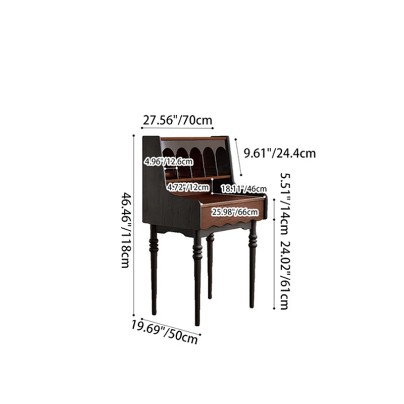 Modern Retro Solid Wood Vanity Desk with Arch Mirror and Roman-Column Accents, Includes Matching Stool for Bedroom