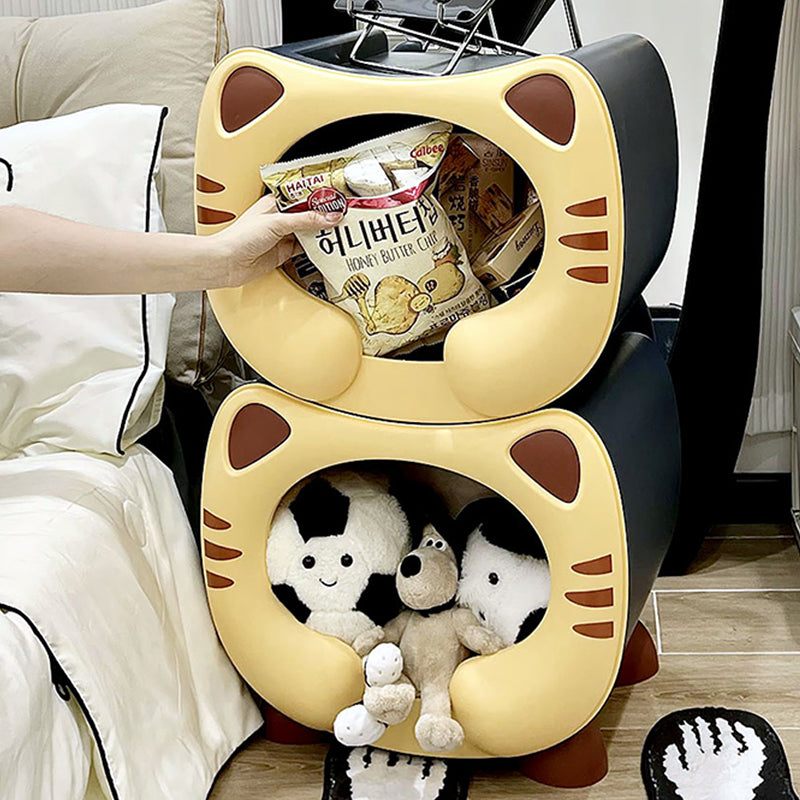 Contemporary PP Kids Nightstand with Cartoon Cat Design, Single Storage, Stackable, Bedside Table