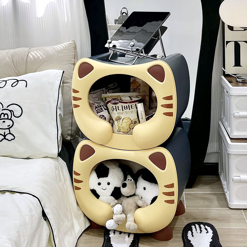 Contemporary PP Kids Nightstand with Cartoon Cat Design, Single Storage, Stackable, Bedside Table