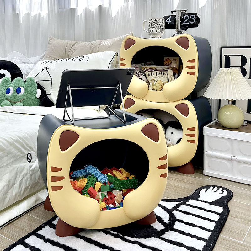 Contemporary PP Kids Nightstand with Cartoon Cat Design, Single Storage, Stackable, Bedside Table