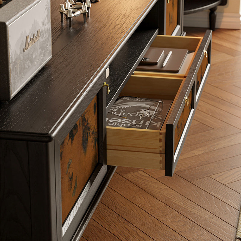 Traditional French-Style Solid Wood TV Stand in Muslin Finish, Rectangular with Two Cabinets and Drawers for Living Room