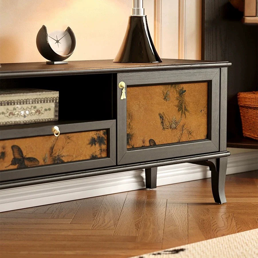 Traditional French-Style Solid Wood TV Stand in Muslin Finish, Rectangular with Two Cabinets and Drawers for Living Room