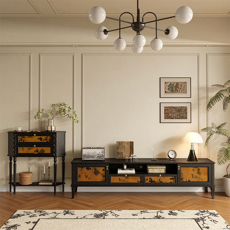 Traditional French-Style Solid Wood TV Stand in Muslin Finish, Rectangular with Two Cabinets and Drawers for Living Room