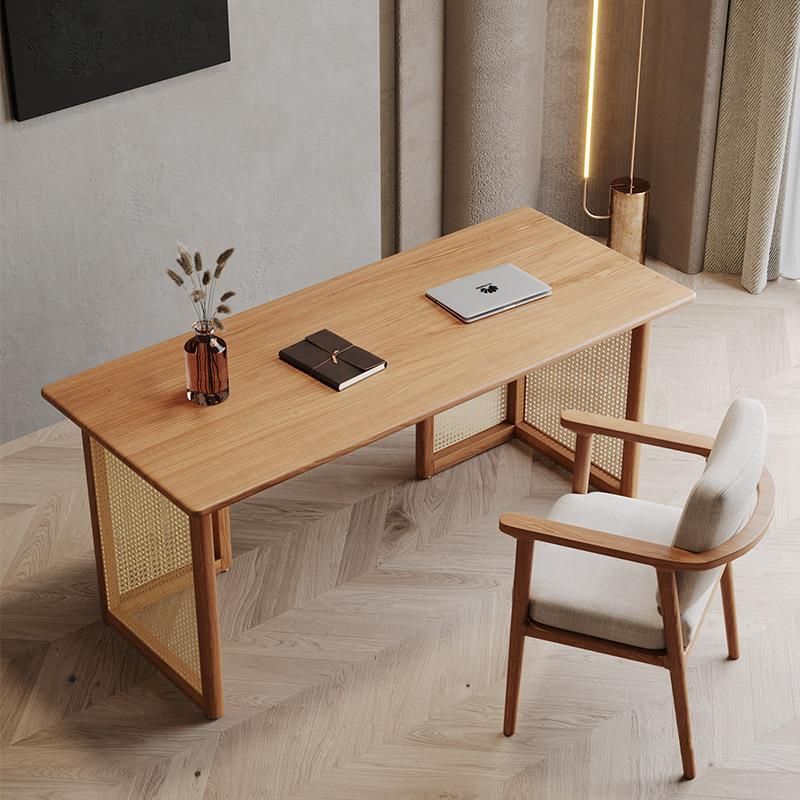 Traditional Japanese Weaving-Inspired Imitation Rattan Wood Desk with 3 Drawers - Rectangular Home Office Furniture