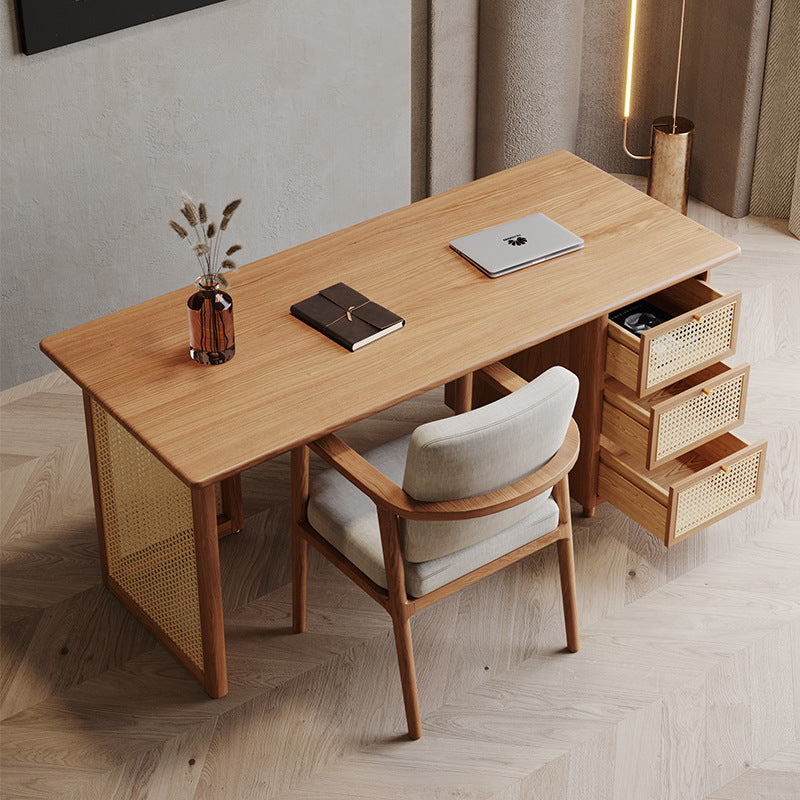 Traditional Japanese Weaving-Inspired Imitation Rattan Wood Desk with 3 Drawers - Rectangular Home Office Furniture
