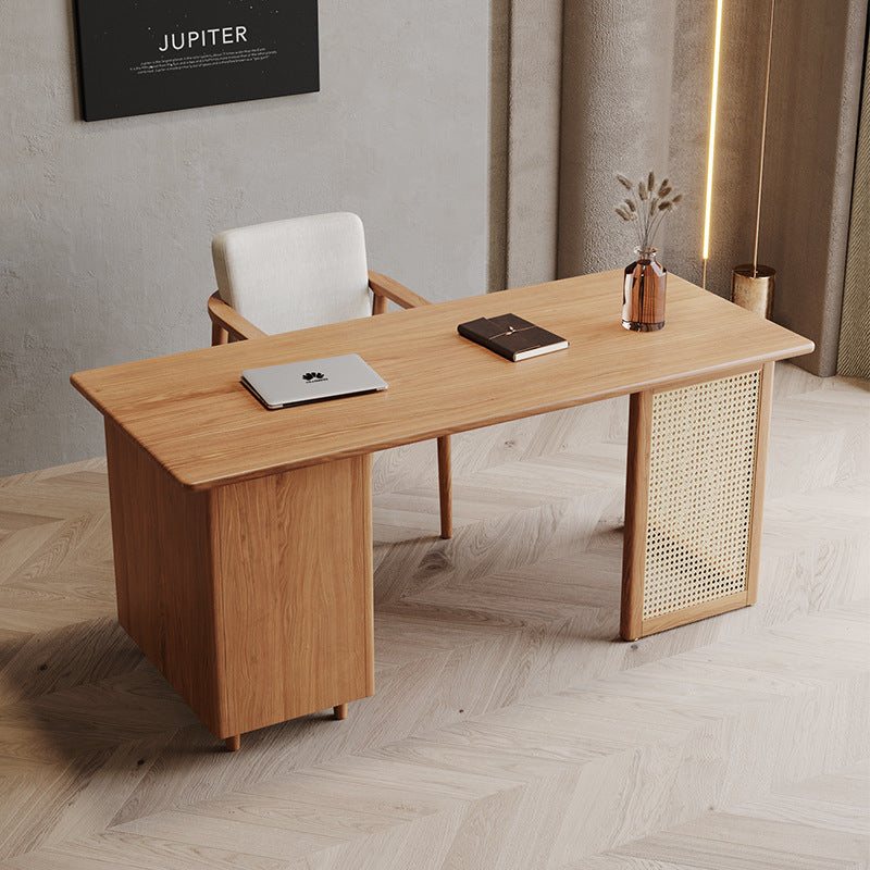 Traditional Japanese Weaving-Inspired Imitation Rattan Wood Desk with 3 Drawers - Rectangular Home Office Furniture