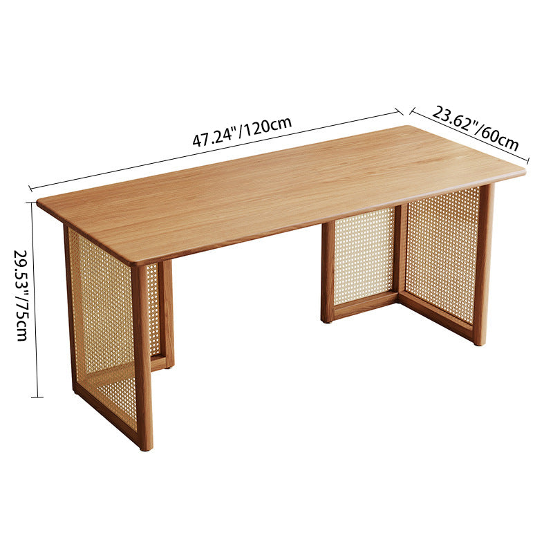 Traditional Japanese Weaving-Inspired Imitation Rattan Wood Desk with 3 Drawers - Rectangular Home Office Furniture