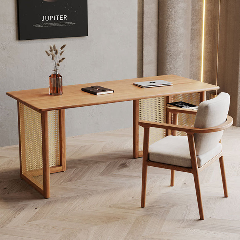 Traditional Japanese Weaving-Inspired Imitation Rattan Wood Desk with 3 Drawers - Rectangular Home Office Furniture