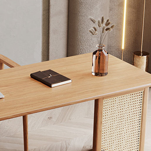 Traditional Japanese Weaving-Inspired Imitation Rattan Wood Desk with 3 Drawers - Rectangular Home Office Furniture