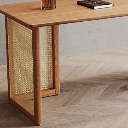 Traditional Japanese Weaving-Inspired Imitation Rattan Wood Desk with 3 Drawers - Rectangular Home Office Furniture