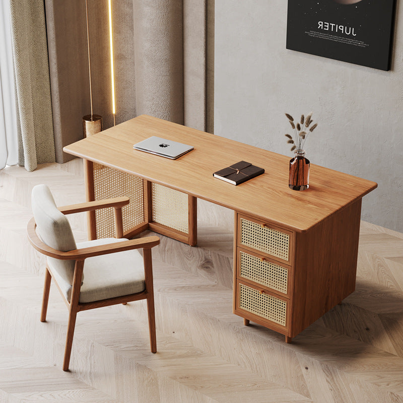 Traditional Japanese Weaving-Inspired Imitation Rattan Wood Desk with 3 Drawers - Rectangular Home Office Furniture