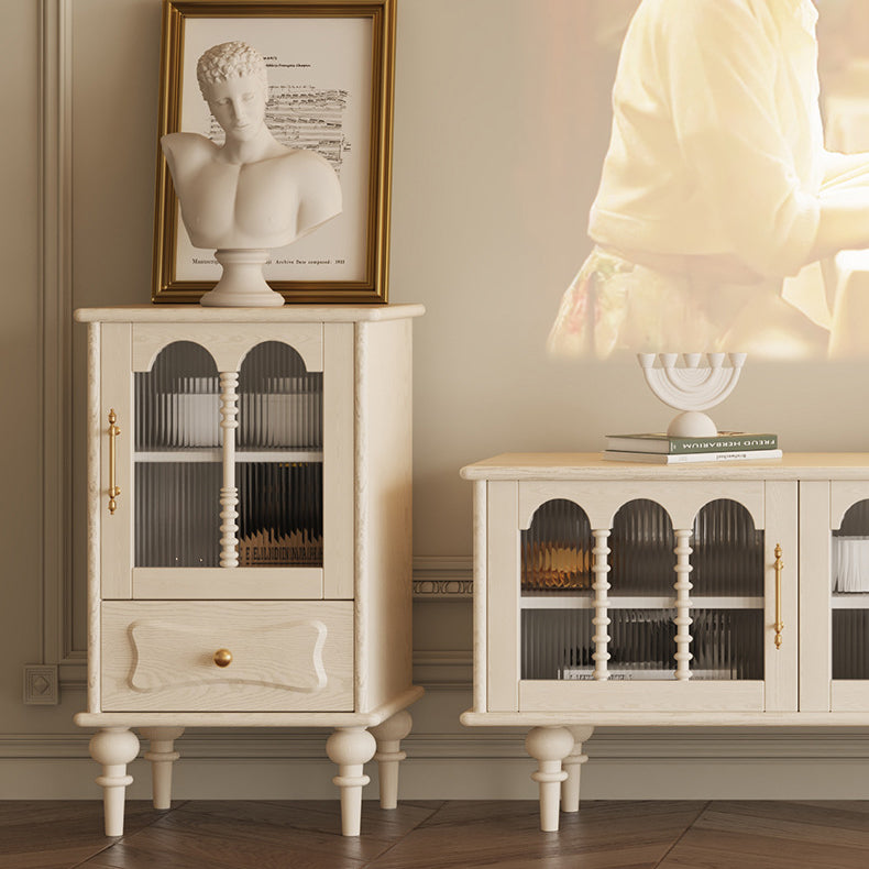 Traditional French Oak Striped Glass Arch-Door Console with Roman Column, Rectangular 2–3-Tier Side Table Cabinet for Living Room