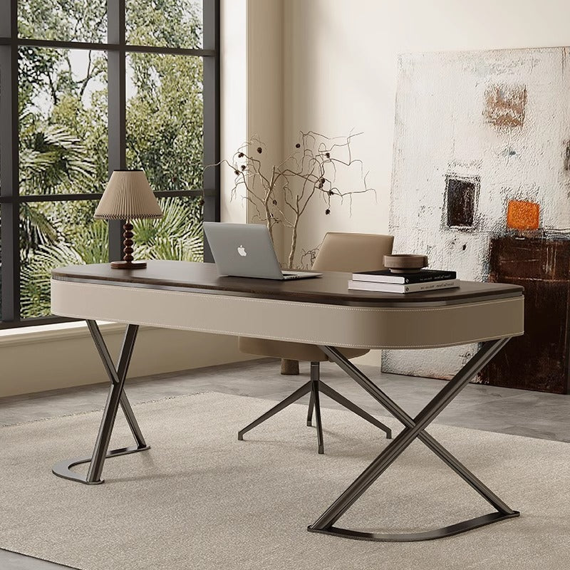 Modern Minimalist Saddle Leather & Wood Desk with Stainless Steel Oval X-Leg, 2-Drawer for Home Office