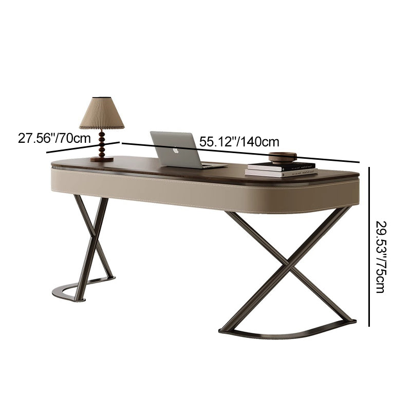 Modern Minimalist Saddle Leather & Wood Desk with Stainless Steel Oval X-Leg, 2-Drawer for Home Office