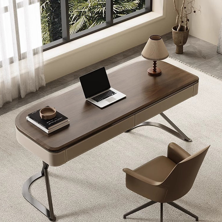 Modern Minimalist Saddle Leather & Wood Desk with Stainless Steel Oval X-Leg, 2-Drawer for Home Office