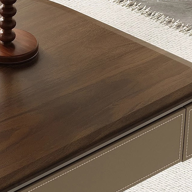 Modern Minimalist Saddle Leather & Wood Desk with Stainless Steel Oval X-Leg, 2-Drawer for Home Office