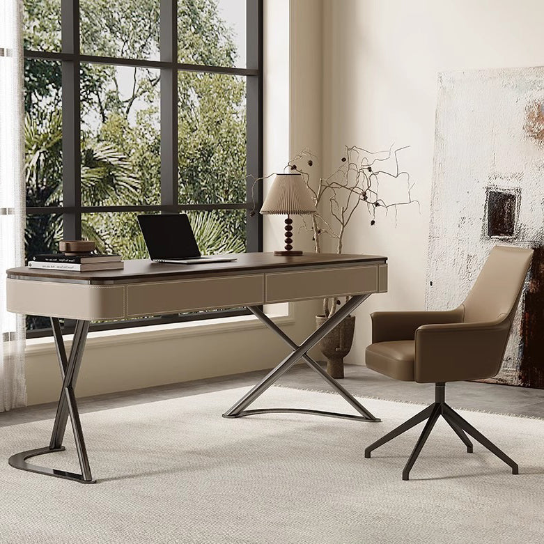 Modern Minimalist Saddle Leather & Wood Desk with Stainless Steel Oval X-Leg, 2-Drawer for Home Office