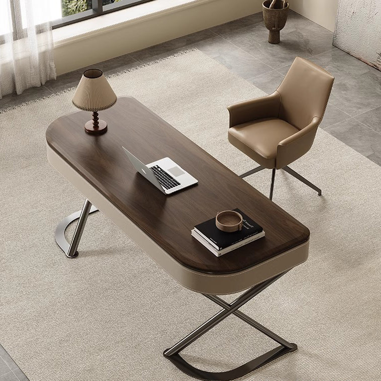 Modern Minimalist Saddle Leather & Wood Desk with Stainless Steel Oval X-Leg, 2-Drawer for Home Office