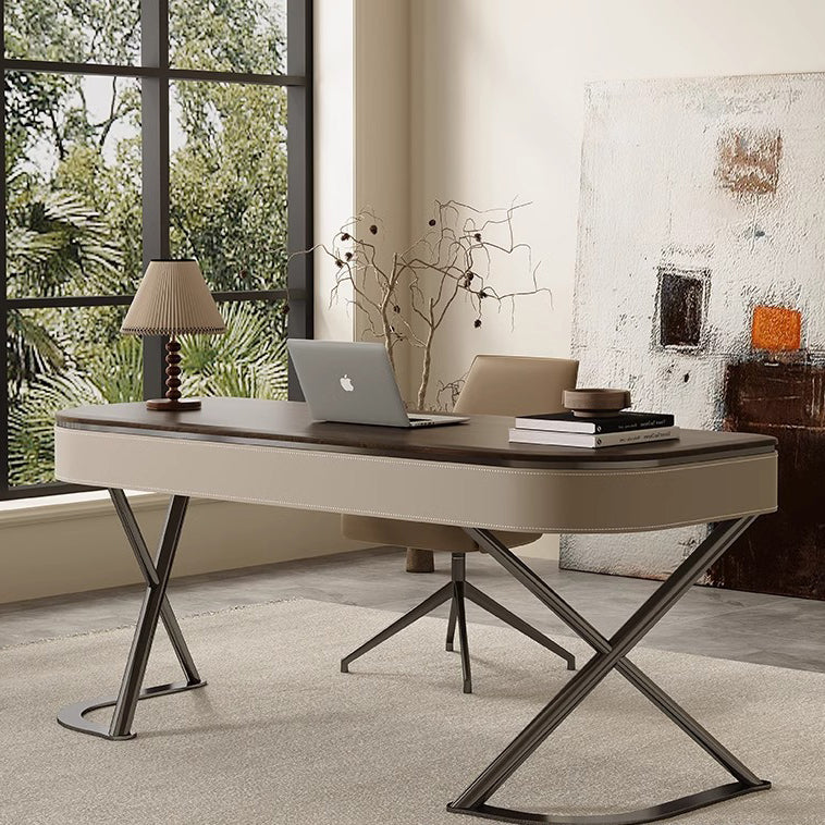 Modern Minimalist Saddle Leather & Wood Desk with Stainless Steel Oval X-Leg, 2-Drawer for Home Office