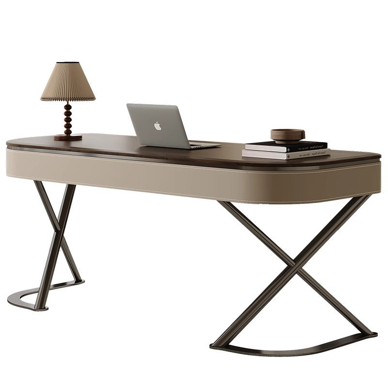 Modern Minimalist Saddle Leather & Wood Desk with Stainless Steel Oval X-Leg, 2-Drawer for Home Office