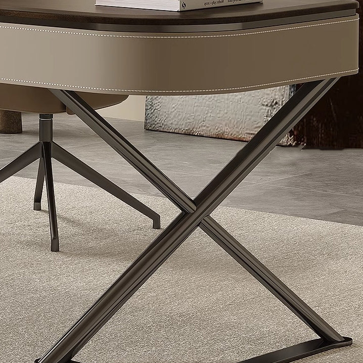 Modern Minimalist Saddle Leather & Wood Desk with Stainless Steel Oval X-Leg, 2-Drawer for Home Office
