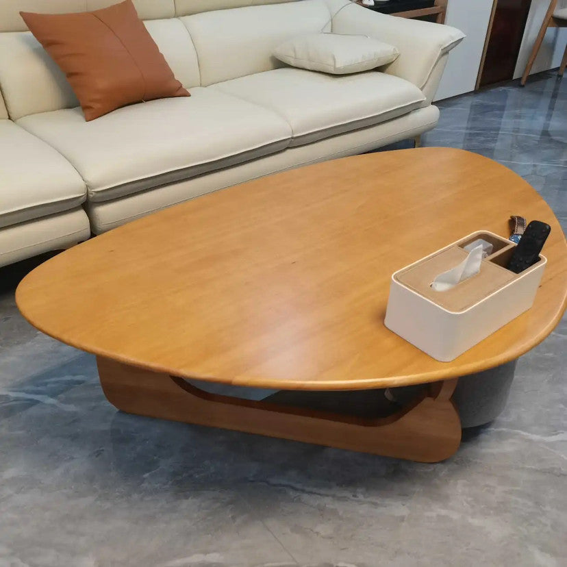 Traditional Japanese Rubberwood Rounded-Triangle Coffee Table, 1-Tier, for Living Room