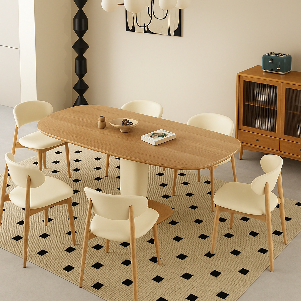 Traditional Japanese Elliptical Ash Wood Dining Table & Faux Leather Chair Set - Oak Finish, Seats 4-6