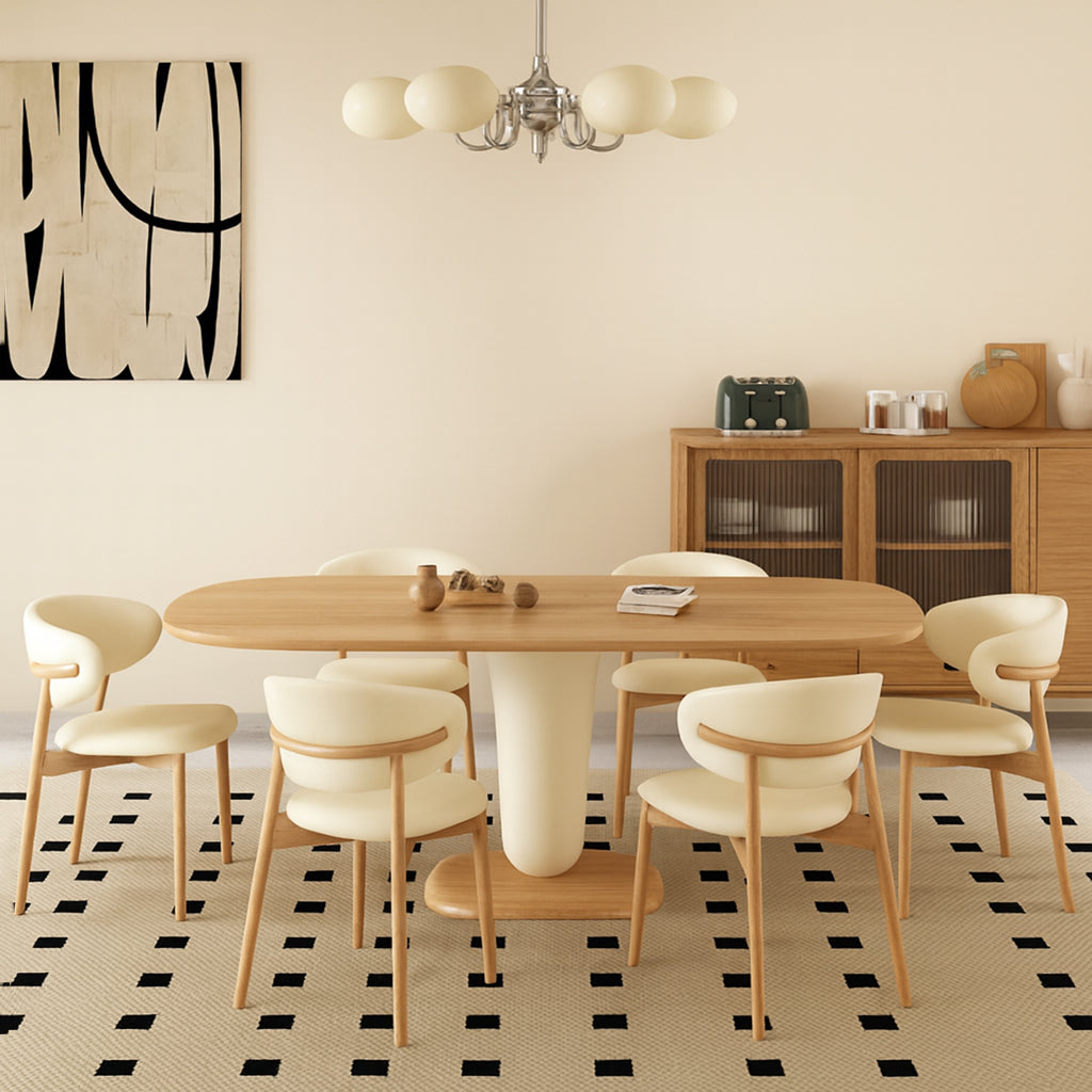 Traditional Japanese Elliptical Ash Wood Dining Table & Faux Leather Chair Set - Oak Finish, Seats 4-6