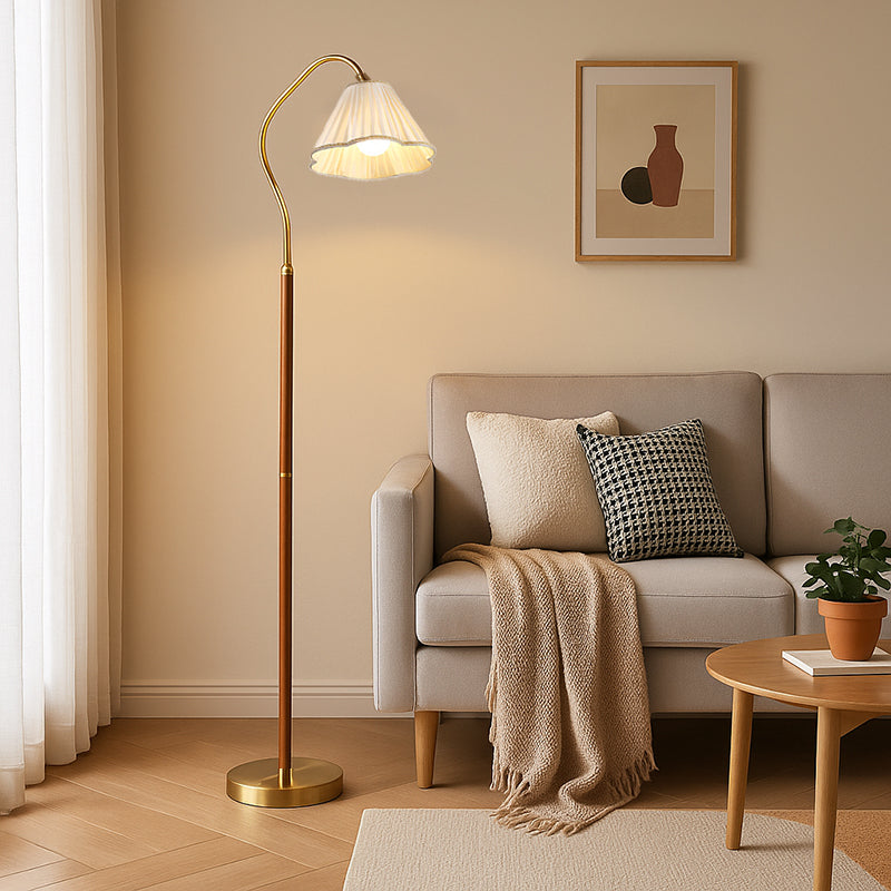Japanese Vintage Flower Floor Lamp - Solid Wood & Iron with Fabric Shade, 1-Light Standing Lamp