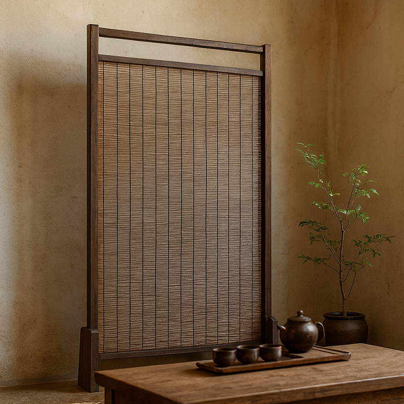 Traditional Chinese Rectangular Reed Room Divider in Solid Pine Wood for Living Room