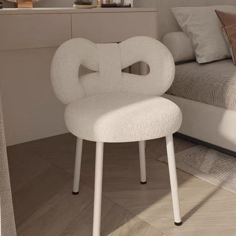 Contemporary Bow-Knot Lambswool Vanity Stool with Iron Frame, Backrest, Armless for Bedroom