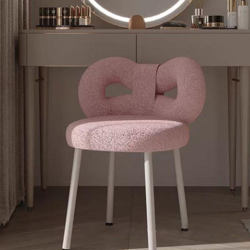 Contemporary Bow-Knot Lambswool Vanity Stool with Iron Frame, Backrest, Armless for Bedroom
