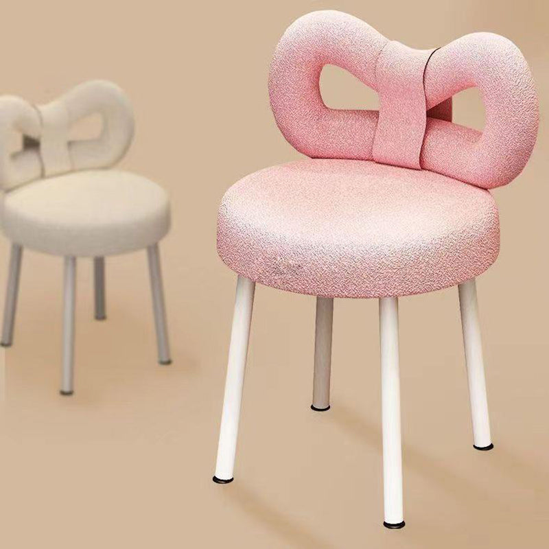 Contemporary Bow-Knot Lambswool Vanity Stool with Iron Frame, Backrest, Armless for Bedroom