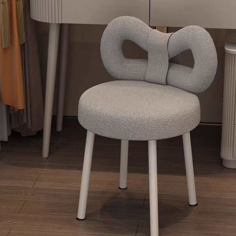 Contemporary Bow-Knot Lambswool Vanity Stool with Iron Frame, Backrest, Armless for Bedroom