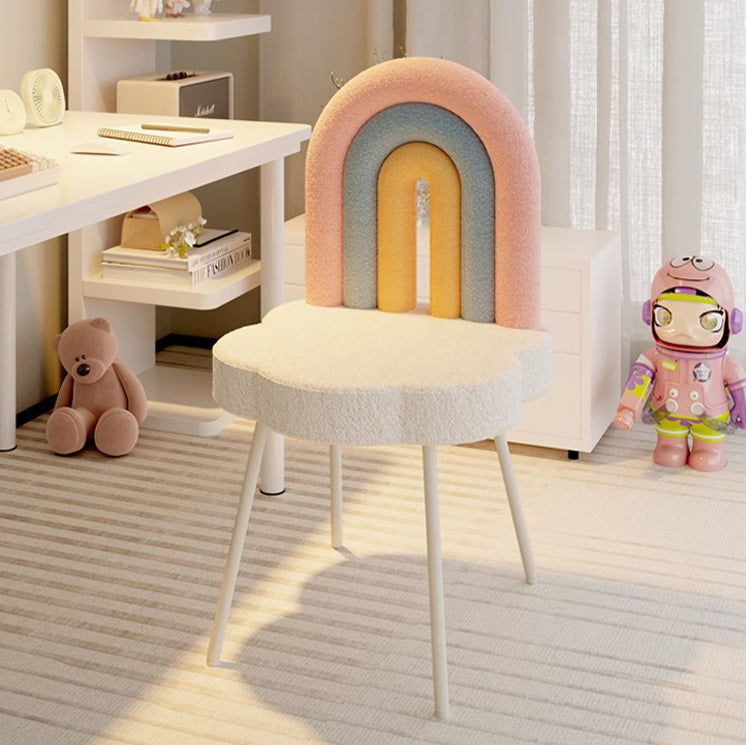 Contemporary Rainbow Lambswool Iron Vanity Stool with Backrest – Armless Bedroom Chair