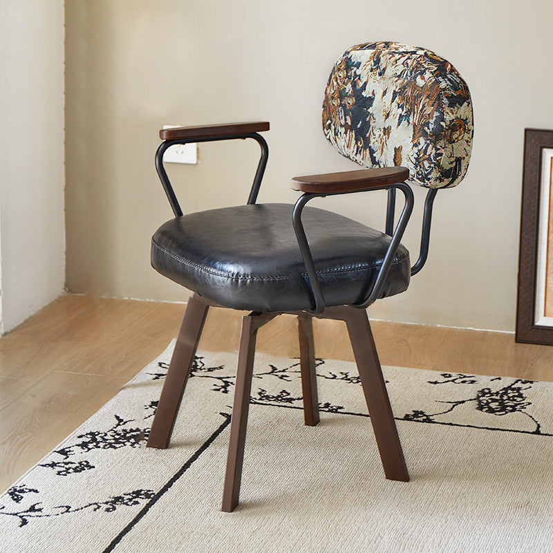 Contemporary Retro Faux Leather Swivel Desk Chair with Carbon Steel Frame, Sunflower Floral Design, Backrest & Armrests – Ideal for Study