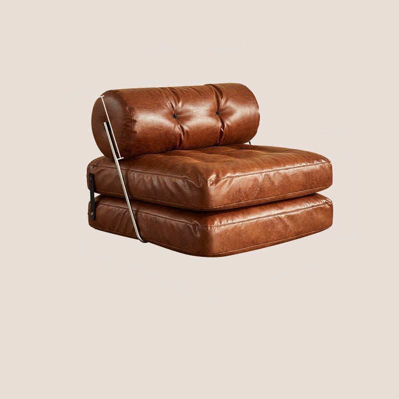 Traditional French Leather Sofa Backrest - Foldable, Oil-Waxed Finish, Iron Frame, Square-Cylinder Design, Armless for Living Room