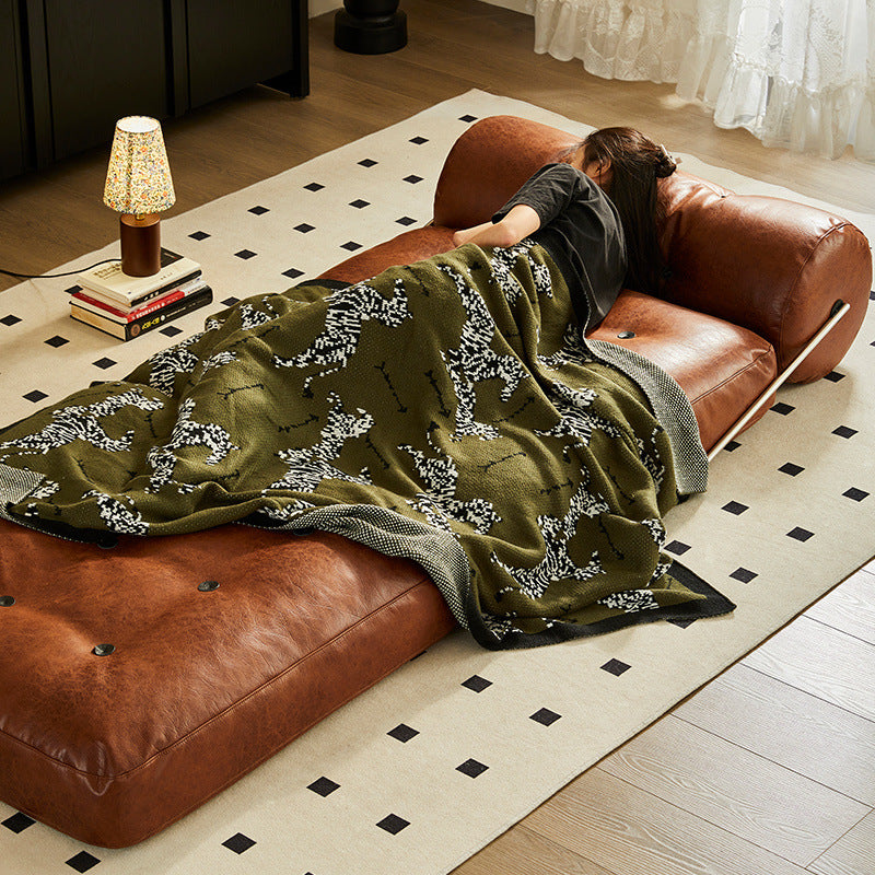 Traditional French Leather Sofa Backrest - Foldable, Oil-Waxed Finish, Iron Frame, Square-Cylinder Design, Armless for Living Room