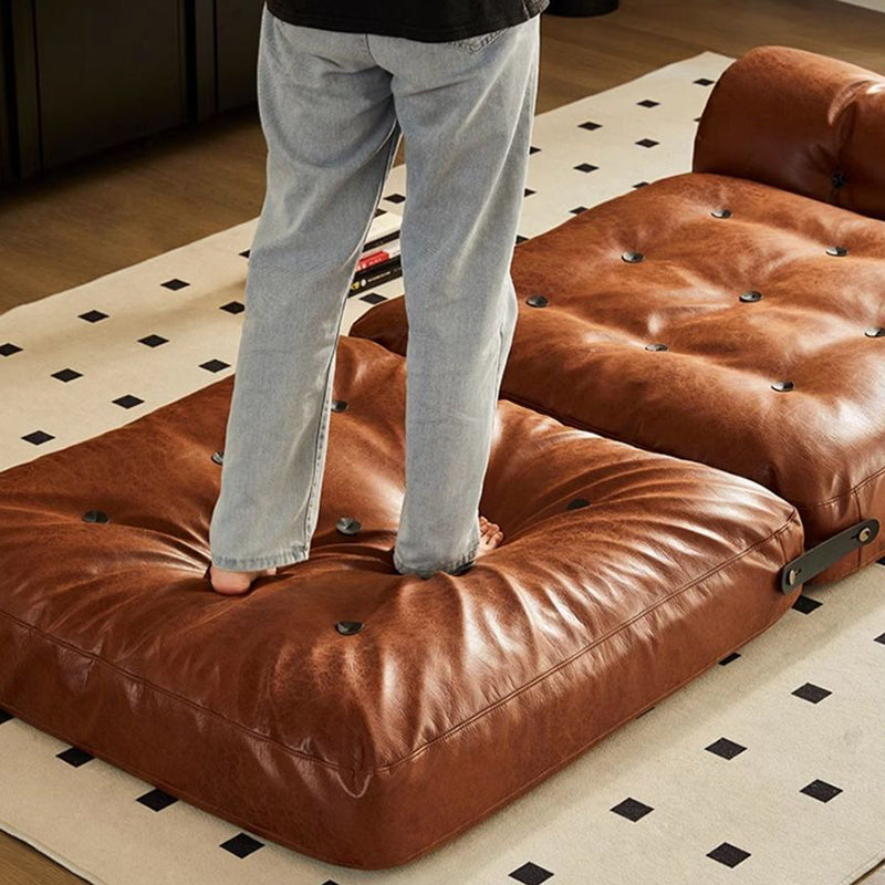 Traditional French Leather Sofa Backrest - Foldable, Oil-Waxed Finish, Iron Frame, Square-Cylinder Design, Armless for Living Room