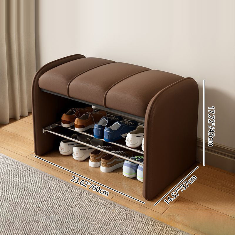 Modern Minimalist Rectangular Iron Shoe Bench with Faux Leather Upholstery, Foam Cushioned Seat on Composite Board, Backless & Armless for Entryways