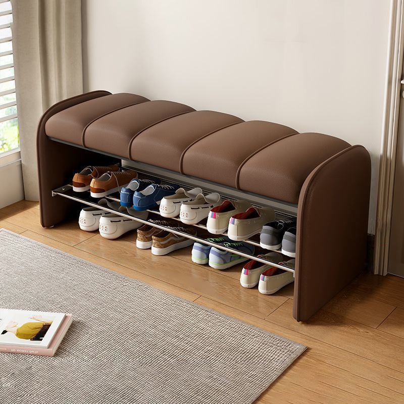 Modern Minimalist Rectangular Iron Shoe Bench with Faux Leather Upholstery, Foam Cushioned Seat on Composite Board, Backless & Armless for Entryways
