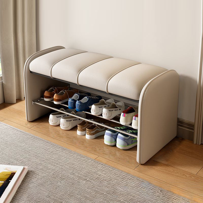 Modern Minimalist Rectangular Iron Shoe Bench with Faux Leather Upholstery, Foam Cushioned Seat on Composite Board, Backless & Armless for Entryways